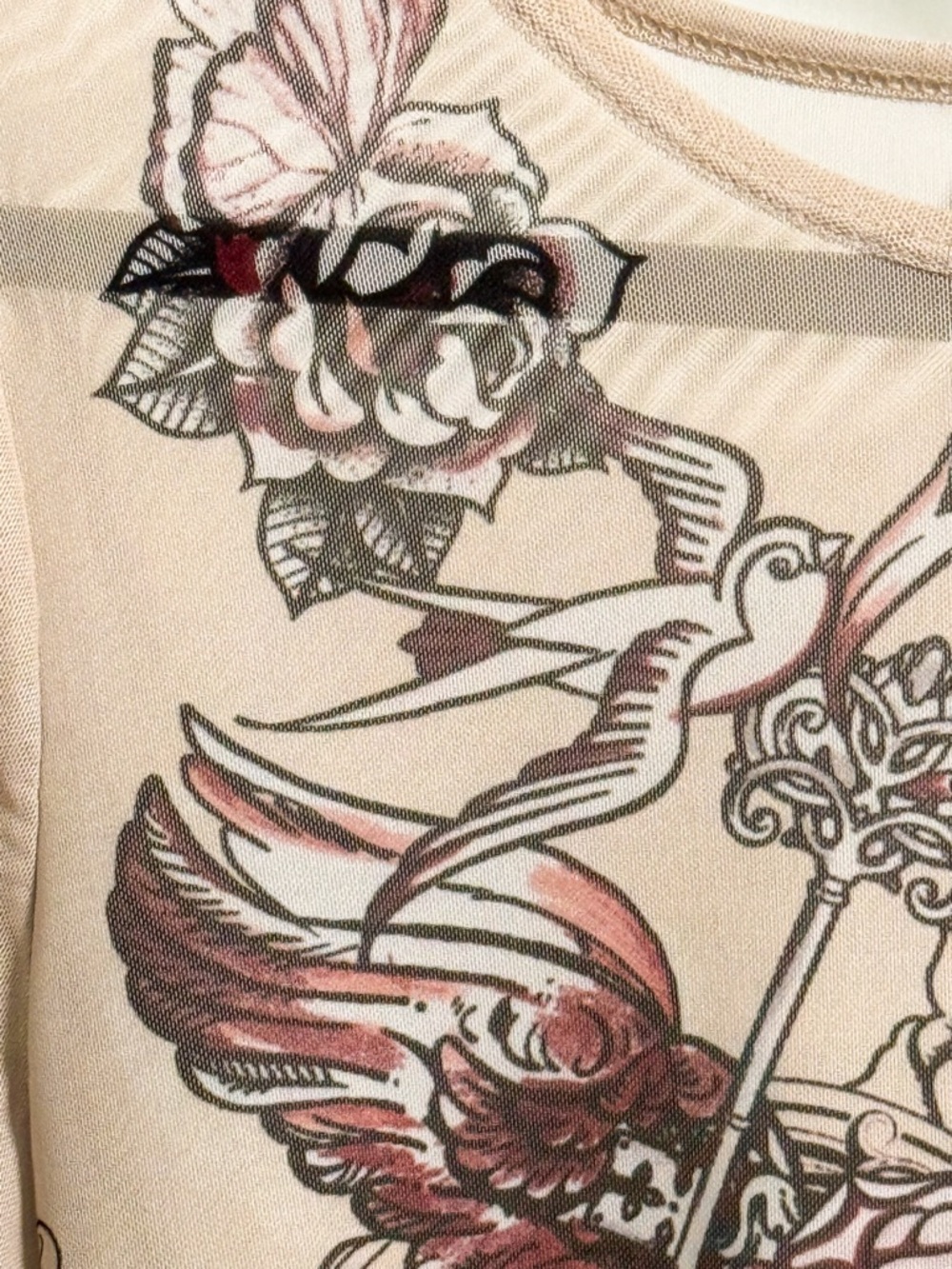 Wild Fable Mesh Long Sleeve Top XL Sheer Tattoo Print Cream - Picture 3 of 17